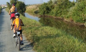 Radfahrer am Ufer eines Flusses