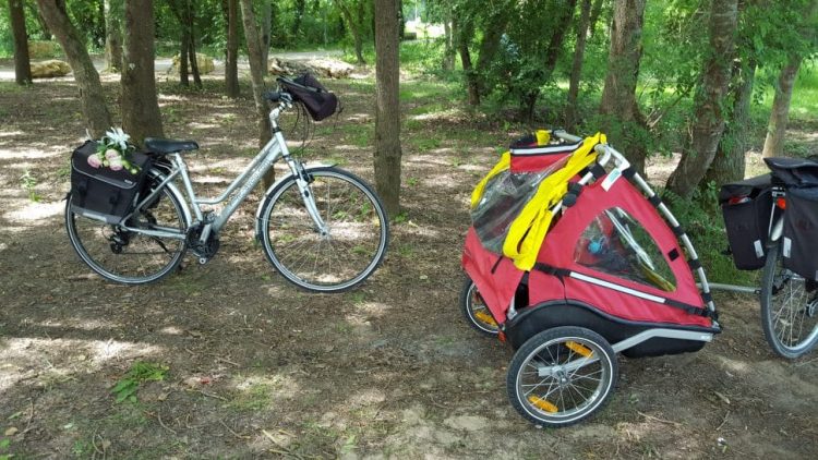 Fahrrad von france à vélo mit Fahrradanhänger für Kinder im Wald