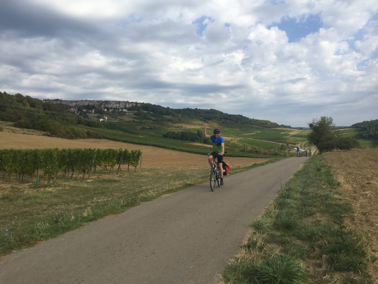 Radreise Franche-Comté Radfahrer vor Weinbergen France a Vélo
